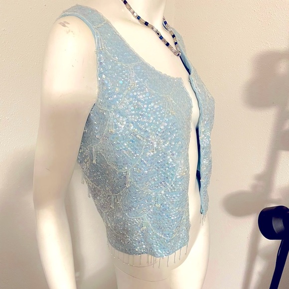 NEW blue sequins sparkly beaded zip up sleeveless dressy top vest jacket Vintage - Picture 1 of 11